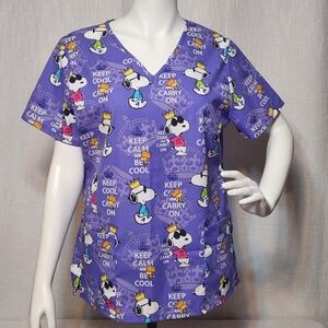 Peanuts Snoopy Scrubs Top Purple Medium Keep Calm Carry On Cartoon